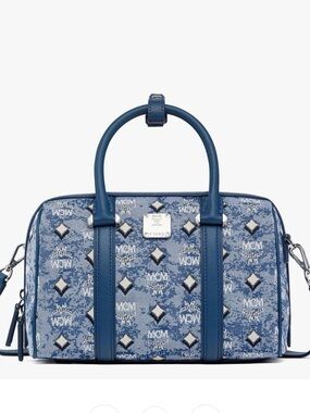 New MCM Blue Jacquard Monogram Satchel with Leather Trim